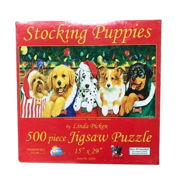 Stocking Puppies by Linda Picken Sunsout 500 piece Christmas Puzzle New-sealed - Picture 1 of 5